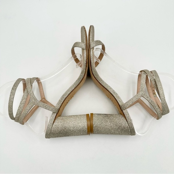 Stuart Weitzman Merinda Ankle-Wrap Block Heel Sandals Gold Glitter - Picture 7 of 11